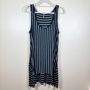 XCVI Top Sz L Blue Gray Stripe Sleeveless Tunic Asymmetrical Hi-Lo Hem Lagenlook